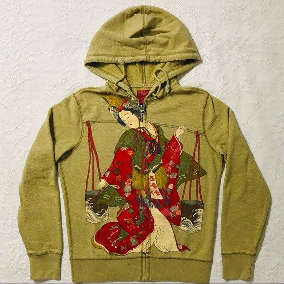 Lucky Brand Hoodie NWOT Geisha Vintage Zip Sweatshirt Asian Unique Artwear Med - Picture 4 of 9